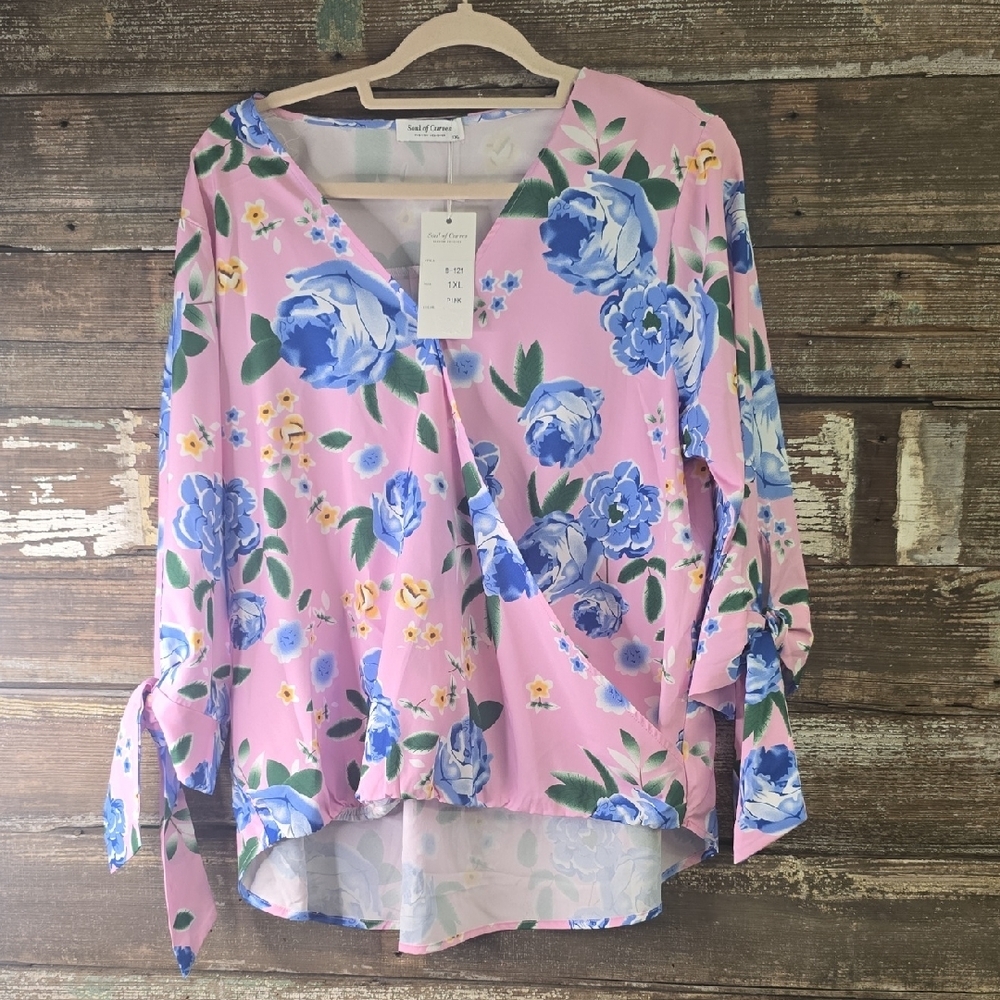 Soul Of Curves Pink Asymmetrical Tie Front Blouse, Womens Plus Size 1X, NWT